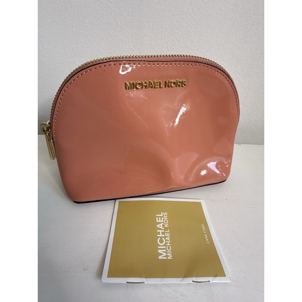Michael Kors Coral Pink Patent Leather Cosmetic Pouch Makeup Bag Gold Logo